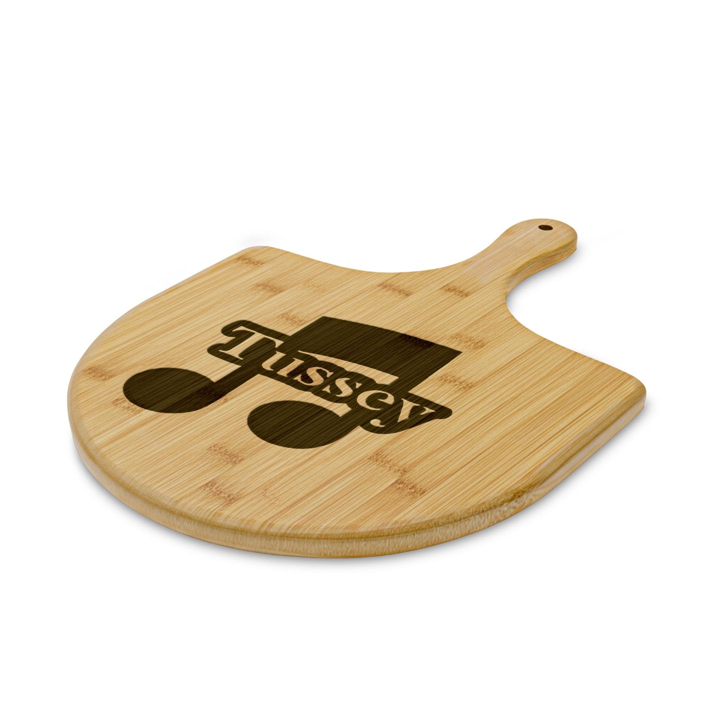 Engraved Bamboo Pizza Peel — Personalized 'Tusscy' Musical Note Design