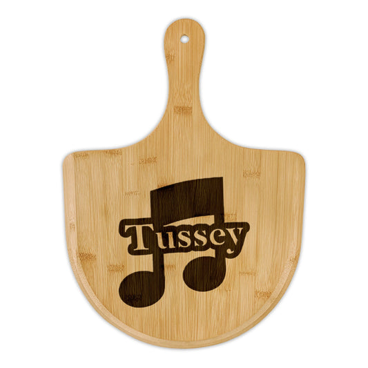 Engraved Bamboo Pizza Peel — Personalized 'Tusscy' Musical Note Design